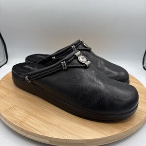 Minnetonka Black Leather Mule Slides Braided Strap Silver Charm Slip on Size 10